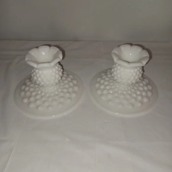 Fenton Set Of White Hobnail Milk Glass Candle Holders Vintage Collectible - Picture 8 of 8
